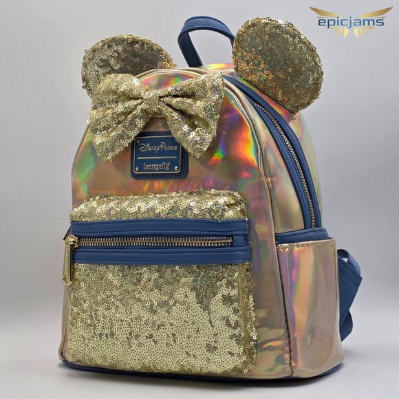 Loungefly Disney Minnie Mouse 50th Anniversary Ear Gold Iridescent Backpack Bag - Picture 3 of 5